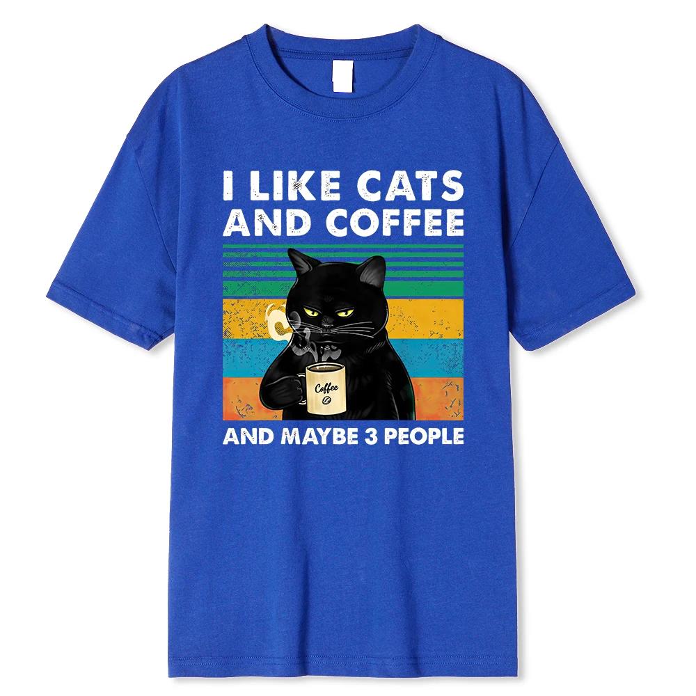 Men's I Like Cats And Coffee pattern printed 100% pure cotton short-sleeved T-shirt casual loose Harajuku top