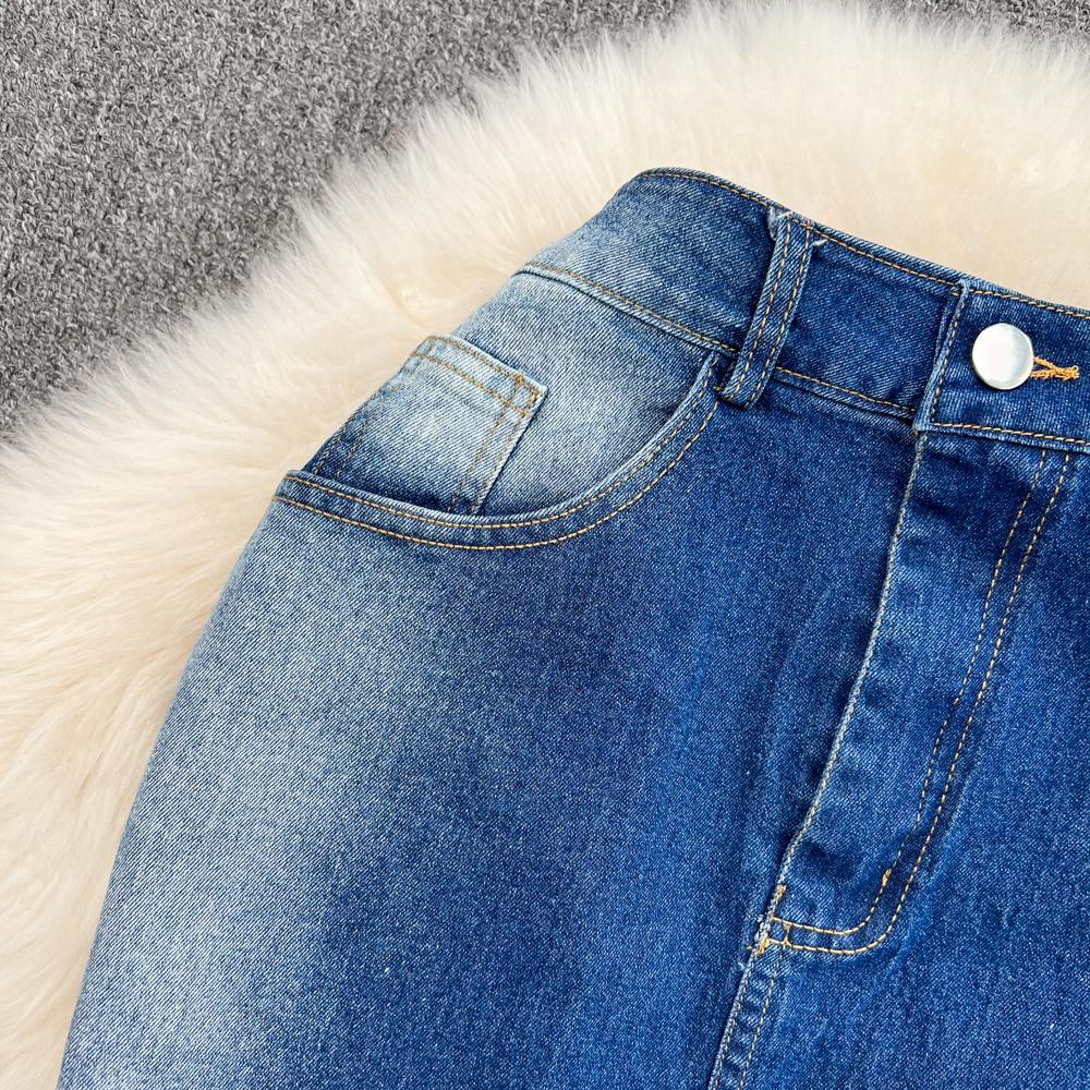 Gradient Color Denim Skirt Women's Autumn Retro High Waist Slim A-Line Short Skirt