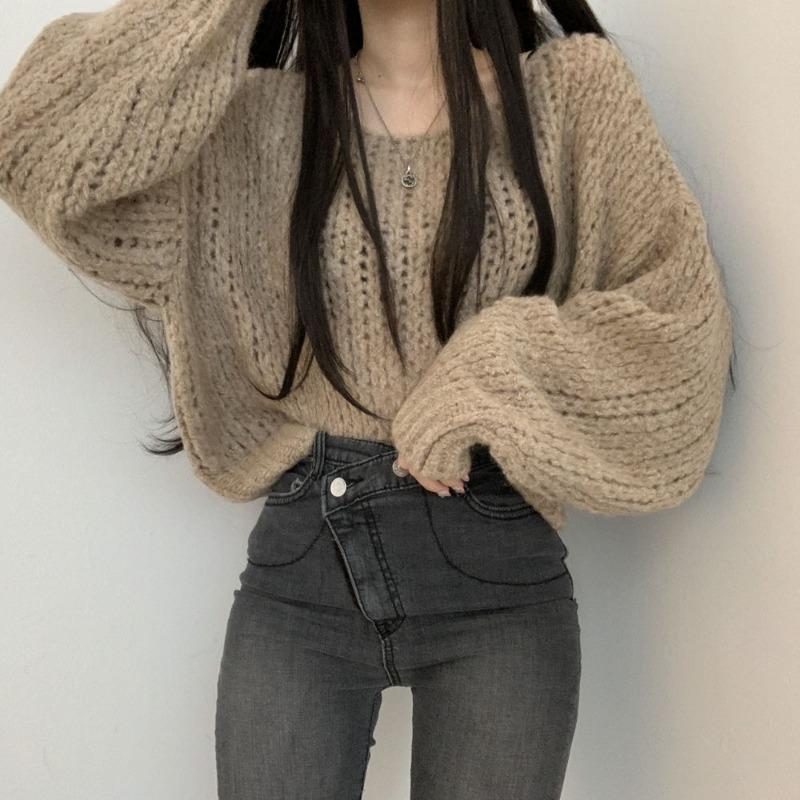 

Autumn Long Sleeve Pullover Knitted Women Sweater Korean Fashion Lantern Long Sleeve Versatile Loose Tops Elegant Solid Color O Neck Casual Clothing One Size хакі