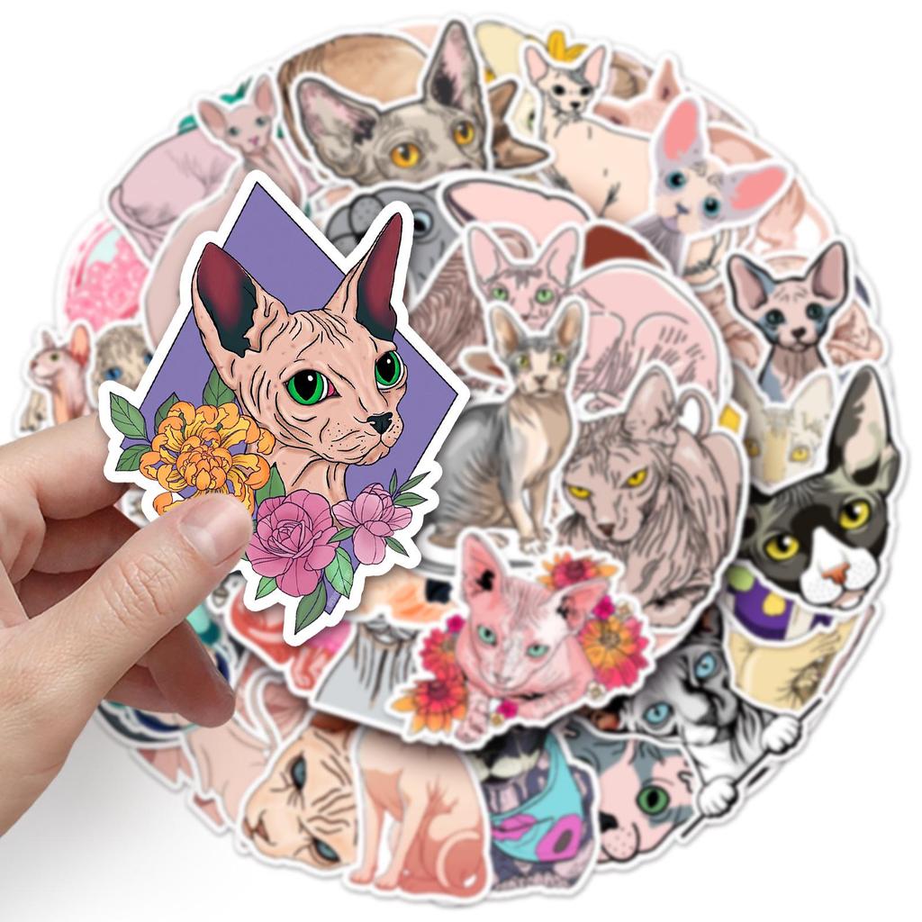 Sphinx Hairless Cat Waterproof Stickers - 50 Cartoon Sheets for Phone and Suitcase Decoration