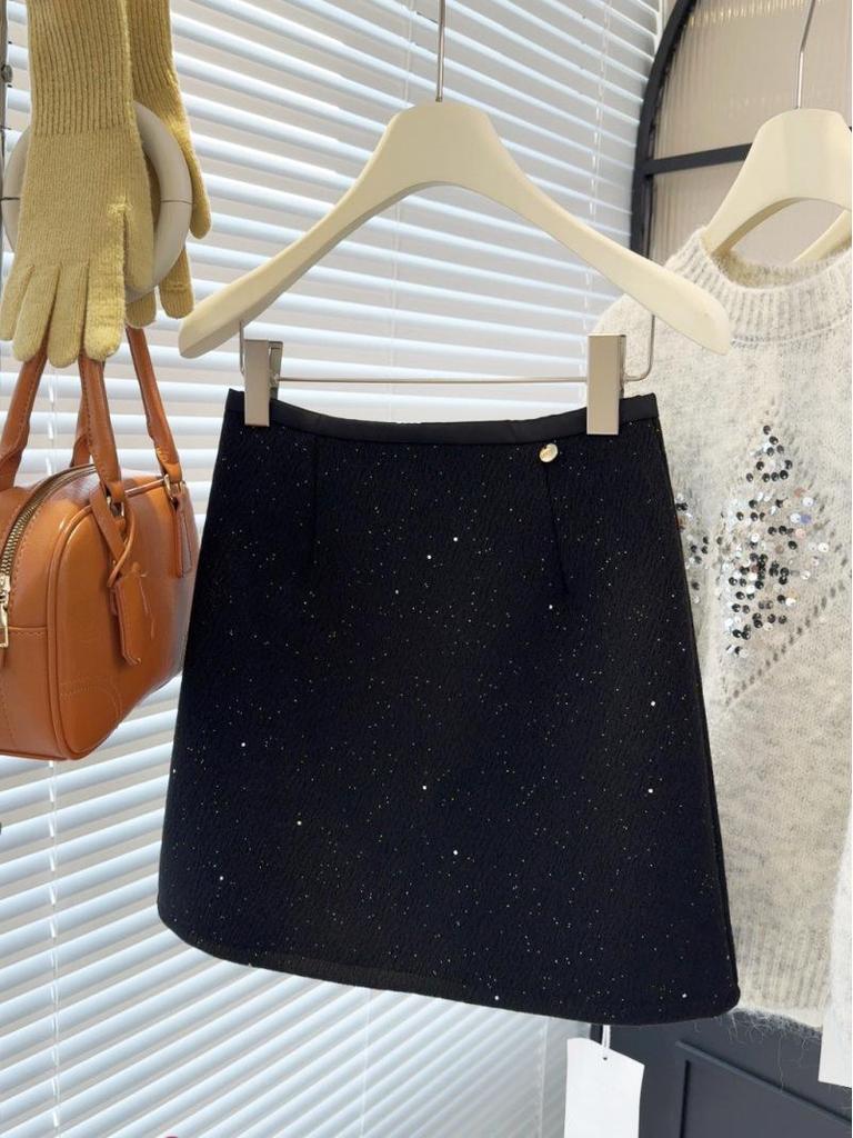 Französischer High-End A-Linien-Bodycon-Rock aus Wollmischung mit schwarzen Pailletten für Damen - Herbst/Winter
