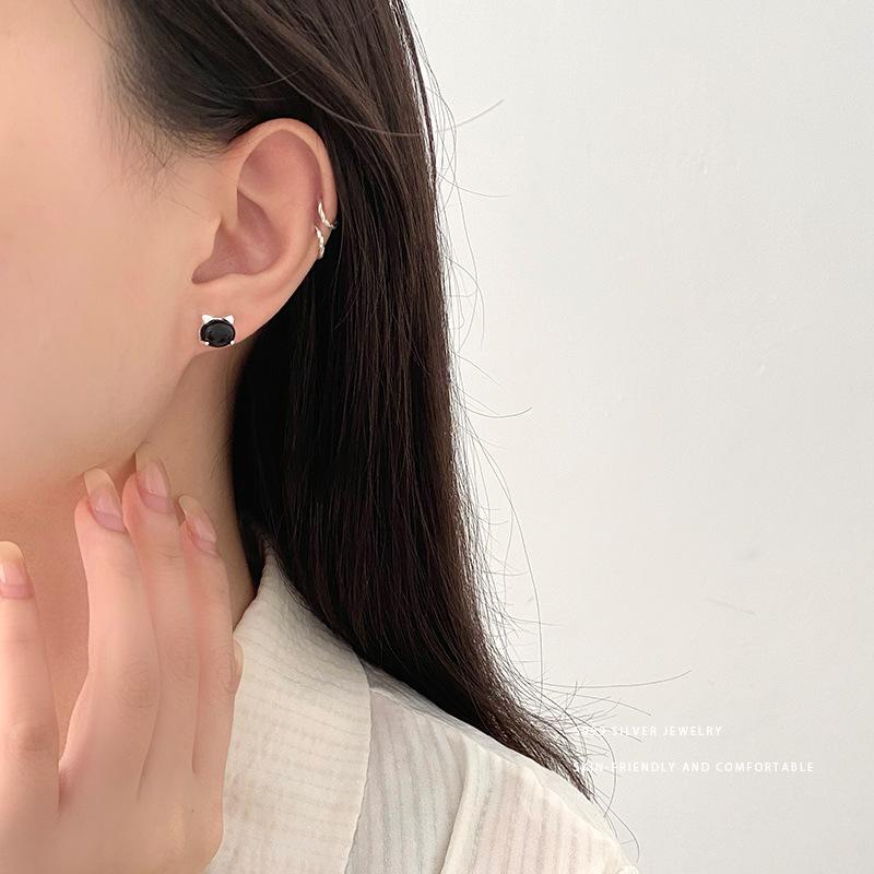 Cute Black Agate Cat Head Earrings for Women  Daily Niche Design Student Earrings