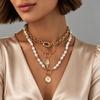 European & American Geometric Faux Pearl Layered Necklace with Palm Round Pendant