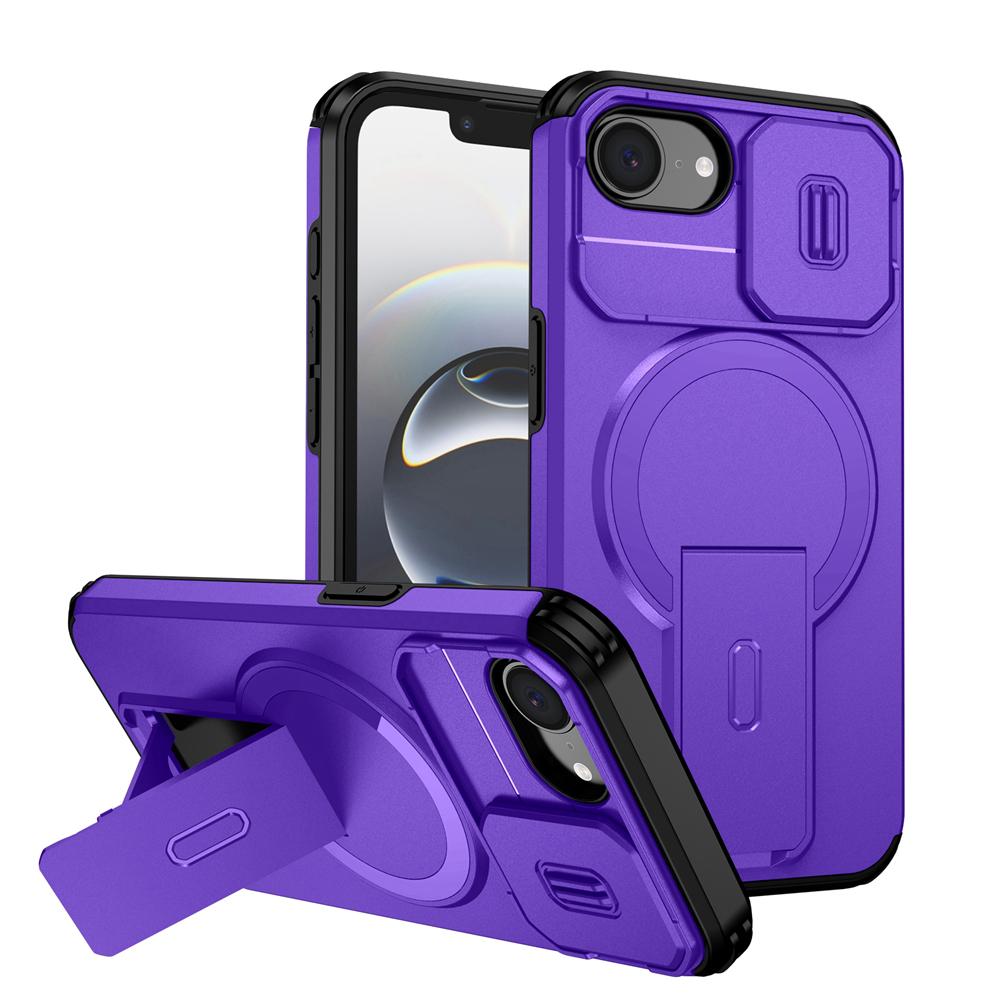KEYSION Shockproof Armor Magnetic Case for iPhone 16e Silicone+PC Slide Camera Protect Kickstand Wireless Charging Phone Cover