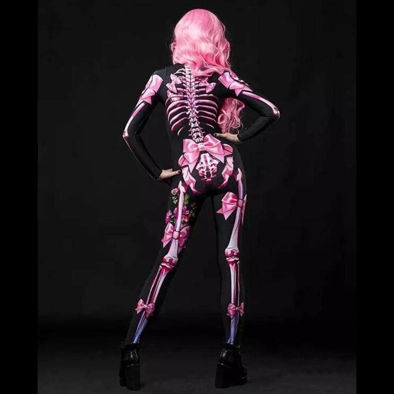 Women Halloween Party Costume Turtleneck Skull Print Long Sleeve Jumpsuit Outfit Scary Skeleton Bodysuit for Adults