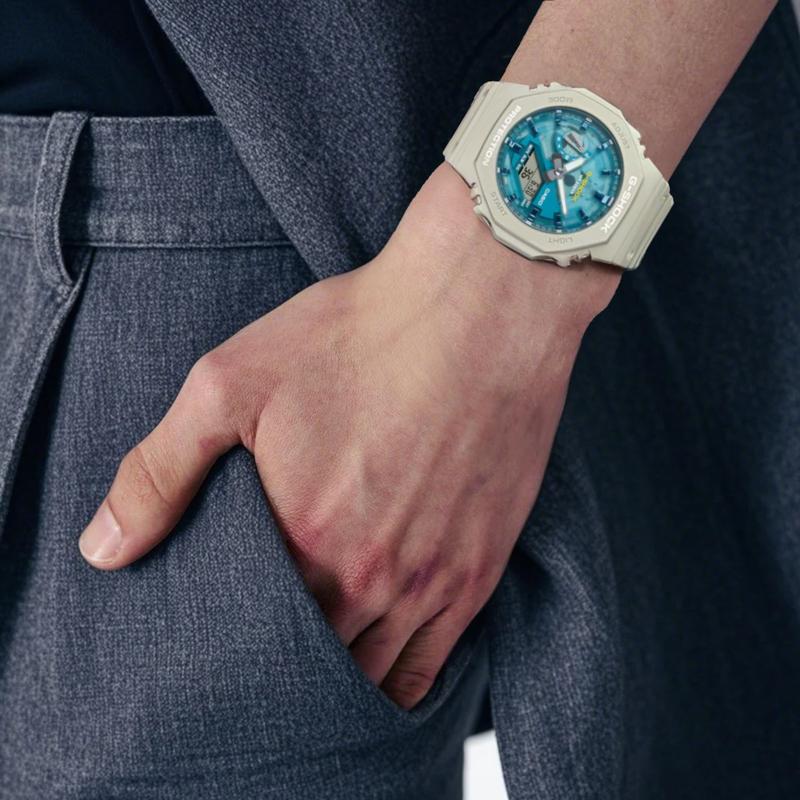 

CASIO 2100 series 200 meters waterproof, elegant, fashionable, Quartz, resin strap, , same style for men and women, blue dial GA-2100AS-5AJF синій