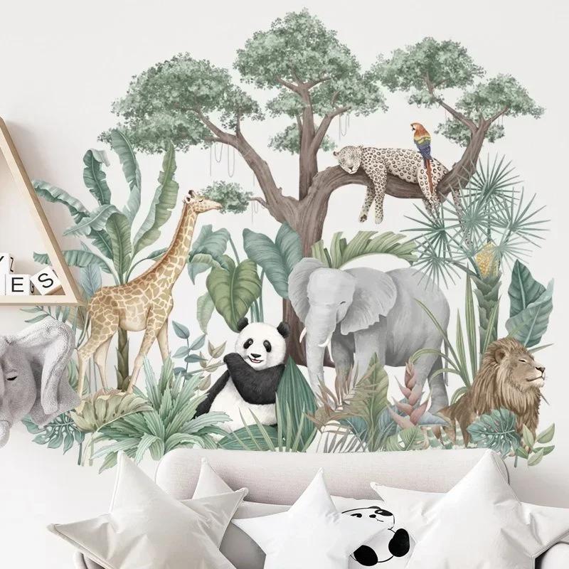 Rainforest Animal Wall Stickers Living Room Bedroom Sofa Background Wall Decoration Giraffe Elephant Home Wall Stickers