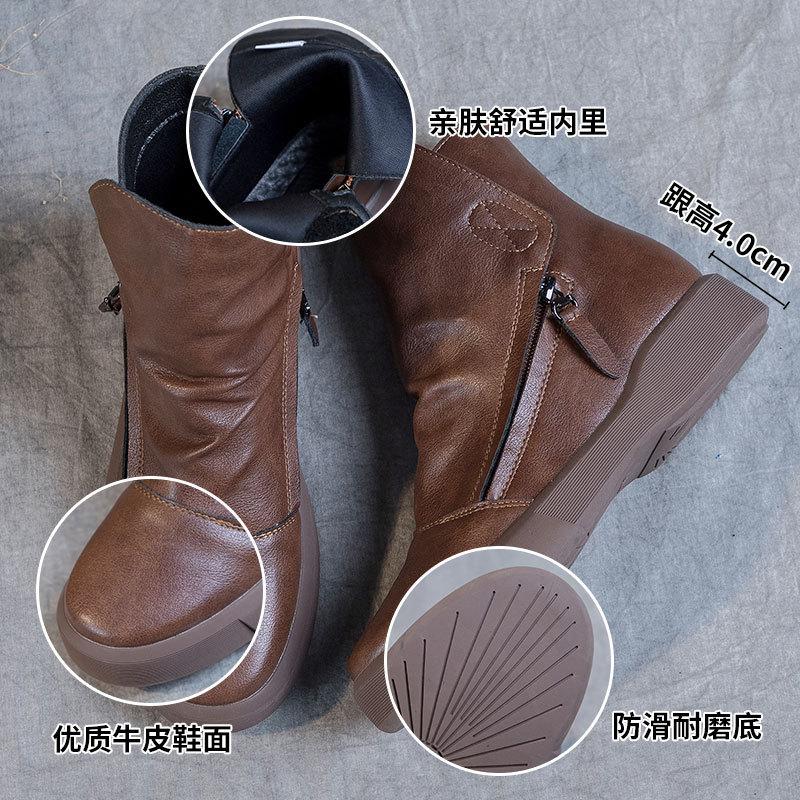 2025 autumn and winter new velvet British style retro short boots fashionable round head women's large size versatile flat bottom Martin boots women