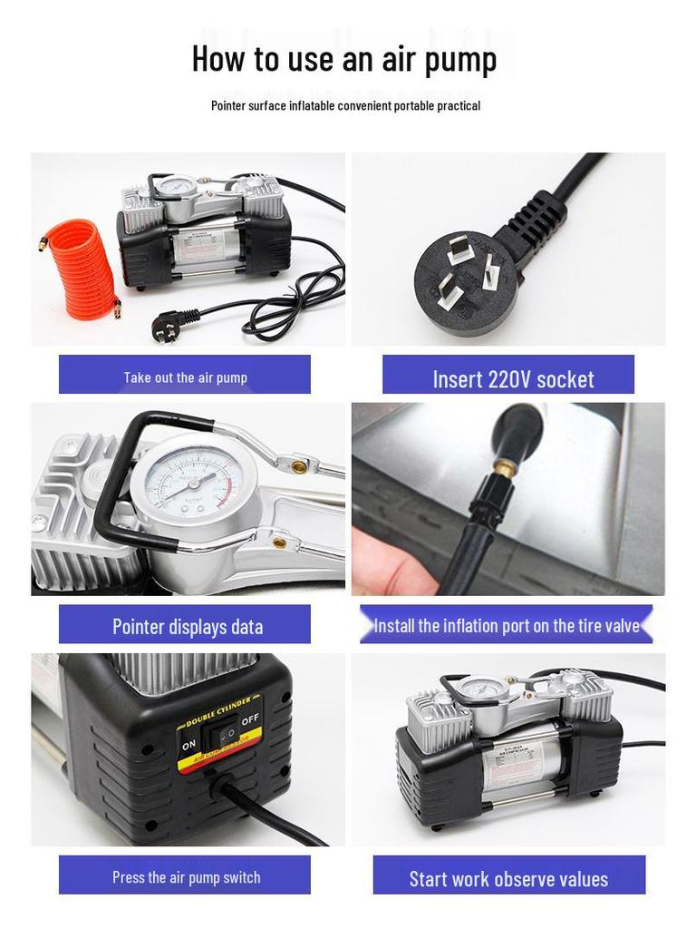 Dual Cylinder Metal Tire Inflatable Pump with 220V National Standard Plug
