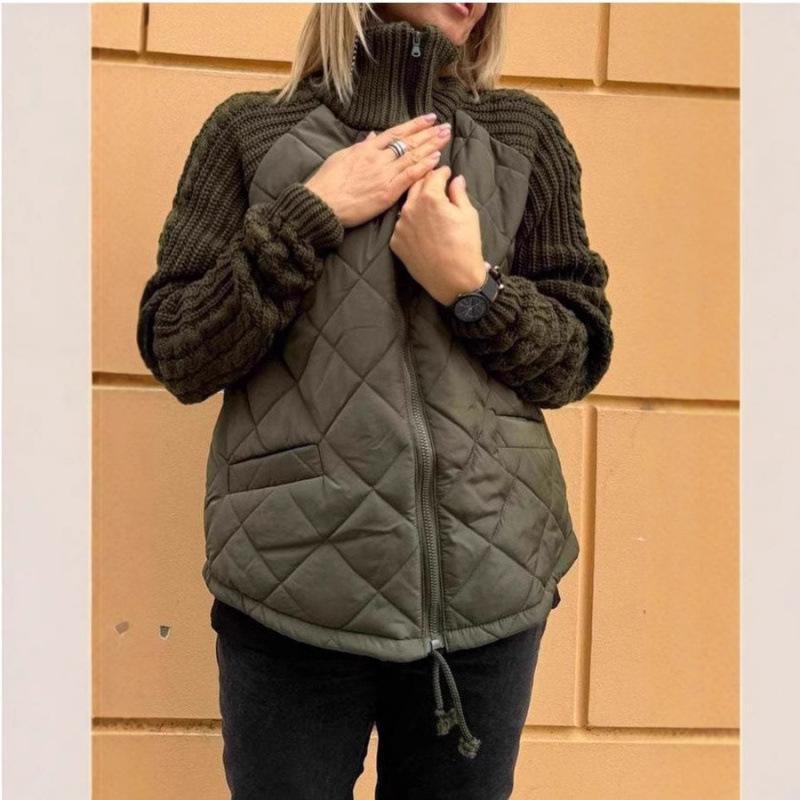 Autumn and Winter Women's Solid Color Knitted Patchwork Quilted Jacket Casual Lightweight Stand Collar Long Sleeve Zip Jackets Padded Outerwear Coats