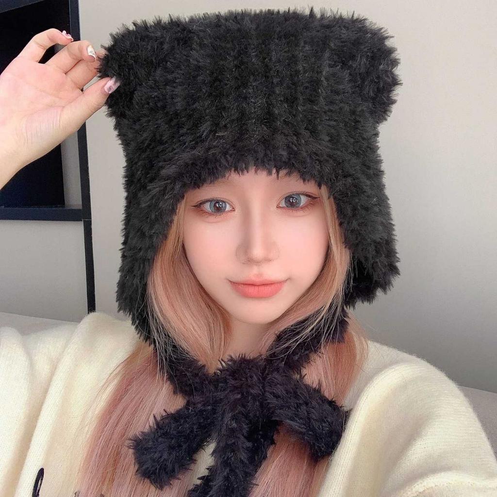Bear Ears Woolen Knitted Hat for Women In Winter Showing Face Small Plush Cute Ear Protection Warm Big Headband Cold Hat