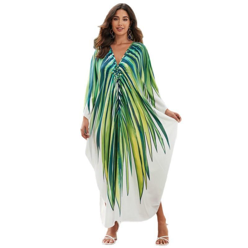 Vacation dress, long robe, loose positioned print beach cover-up, bikini dress