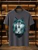 2026 New Arrival 100 Cotton Tshirt Double Exposure Wolf Head Forest Elk Print Crew Neck Casual Short Sleeve