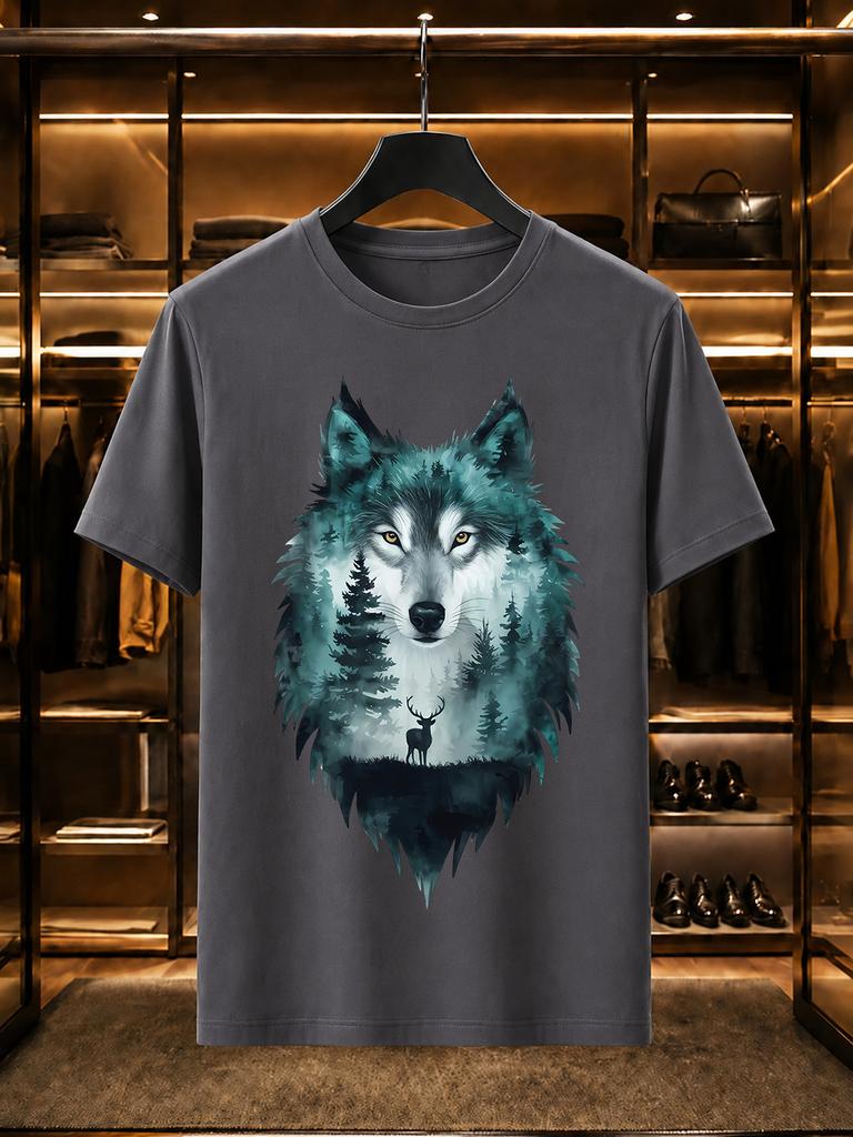 2026 New Arrival 100 Cotton Tshirt Double Exposure Wolf Head Forest Elk Print Crew Neck Casual Short Sleeve