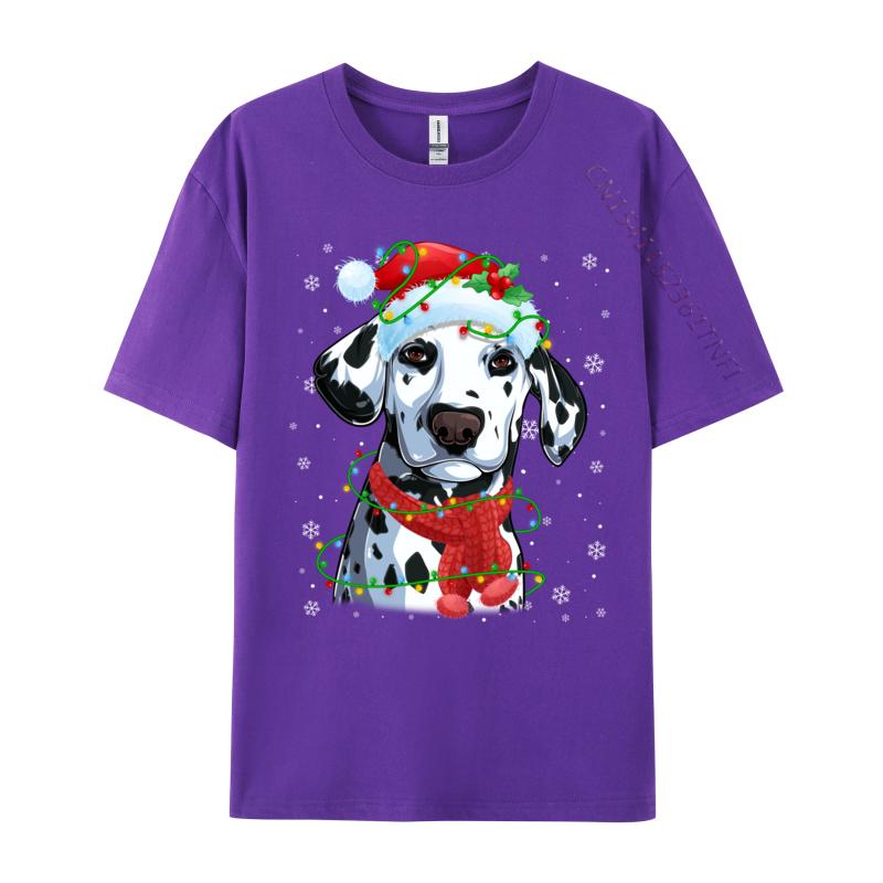 Christmas Lights Dalmatian Dog Santa Hat Scarf T-Shirts Dog Lovers T-Shirts Simple Style Top Quality Mens Tees