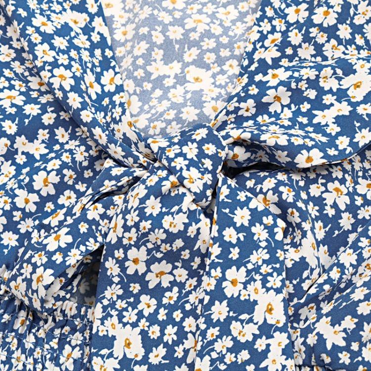 Summer Women Floral Print High Waist Dress with Bow Detail V Neck Short Sleeve