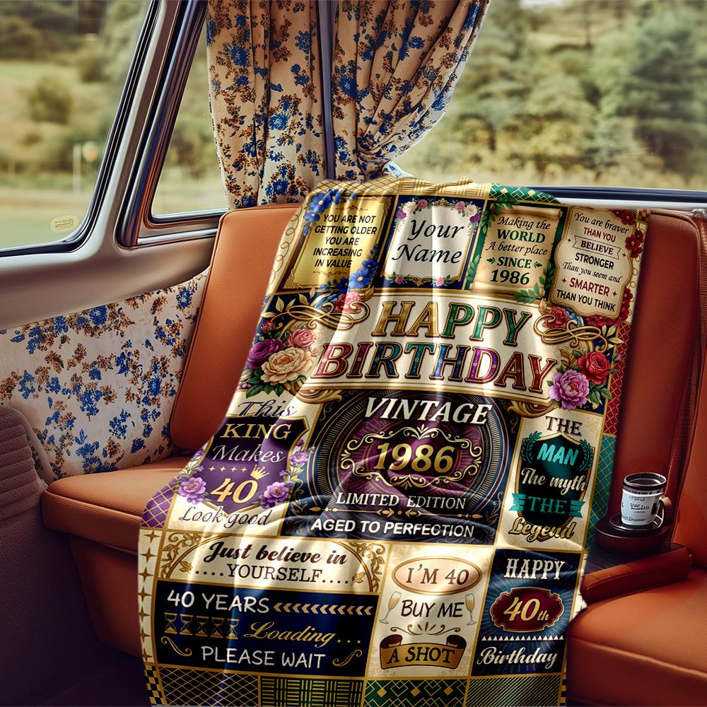 Vintage 40Th Birthday Celebration Blanket Personalized Name Soft Comfortable Stylish Blanket Car Blanket Perfect For Travel Camping Outdoor Home