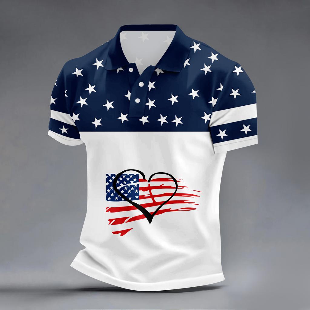 Men’s Short Sleeve Polo Shirt with USA Letter Print Flag Graphic and Striped Design Casual Fit