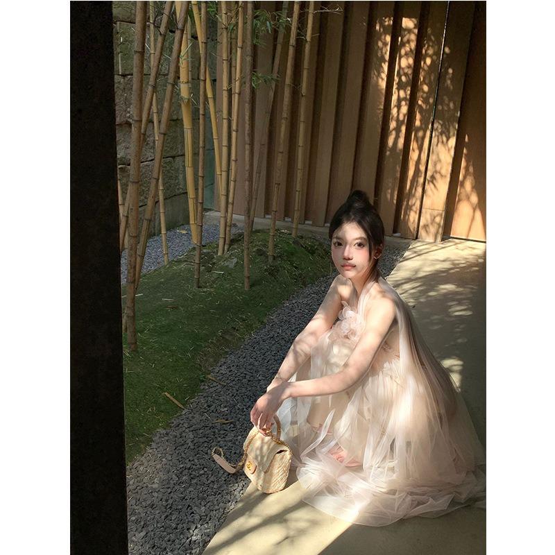 New Chinese Neck Dress, Morning Robe, High-end Exquisite Temperament, Pink Strap Backless Sleeveless Mesh Tube Top Skirt