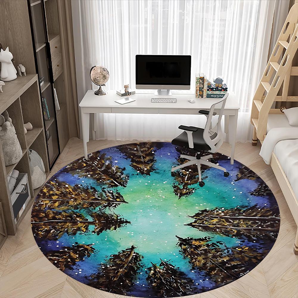 1PC Forest Reflection Aurora Office Round Area Rug, Indoor Mat Suitable For Office, Under Office Chairs Bedroom Living Room Home Decor, Room Deco 052