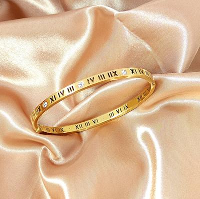 Roman Numeral Rhinestone Bangle Titanium Steel Fade Resistant Bracelet for Women Minimalist Luxe Gift for Friends