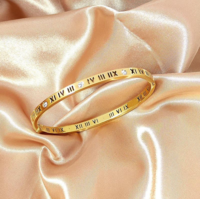 Roman Numeral Rhinestone Bangle Titanium Steel Fade Resistant Bracelet for Women Minimalist Luxe Gift for Friends