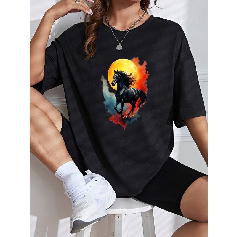Women Casual Short Sleeve T Shirt White Black Horse And Moon Print For Everyday Wear