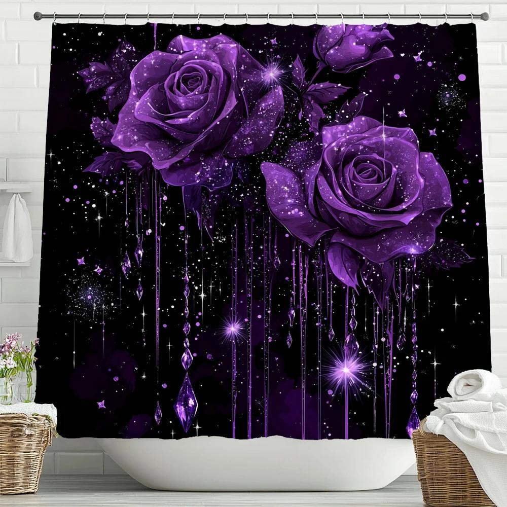 Shiny Purple Rose Flowers Shower Curtain, Bathroom Decorative Shower Curtain, Waterproof Shower Curtain with Hooks