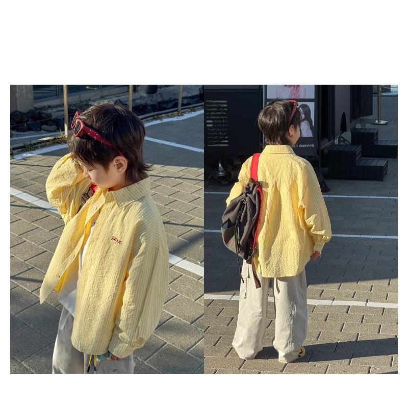 Boys Casual Long Sleeve Embroidered Stripe Shirt Big Kids Children Spring Autumn Clothing