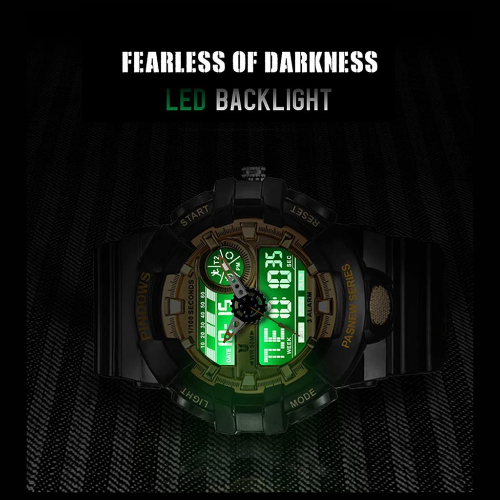 PINDOWS Military Outdoor Sports Electronic Watch with Date LED Alarm and 50m Water Resistant Display Men's Watch, Function, Stopwatch, Analog-Digital