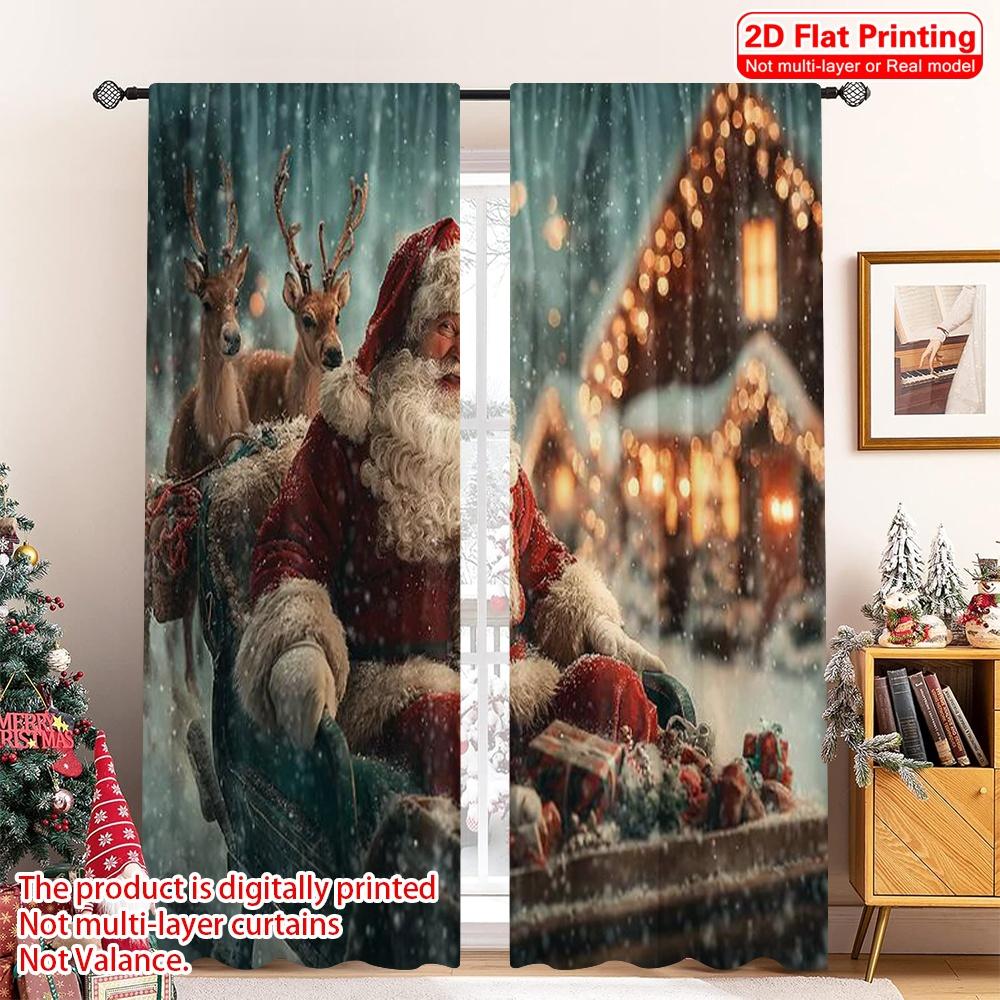

Flat Printing Merry Christmas Window Curtains Santa Claus Reindeer Versatile Polyester Without Electricity Curtain Set Of 2 Made Washable W100*H70(CM)-Rod Pocket&2PCS