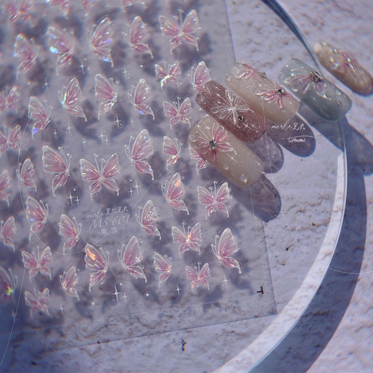 

High-end Manicure Fantasy Color Shell Light Butterfly Sticker New Super Fairy Pure Desire Di Jewelry with Back Glue pink