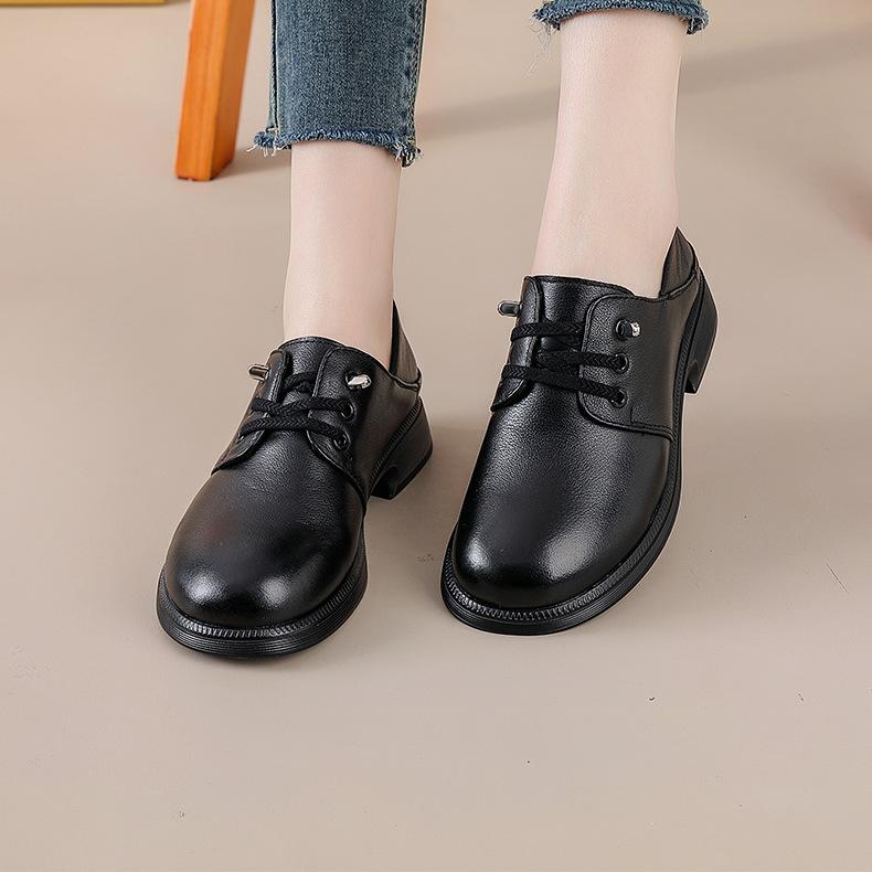 Spring and Autumn New Women's Shoes Soft Leather Single Shoes Thick Heel British Soft Sole Casual Middle Lady's Mother's Large Size Work