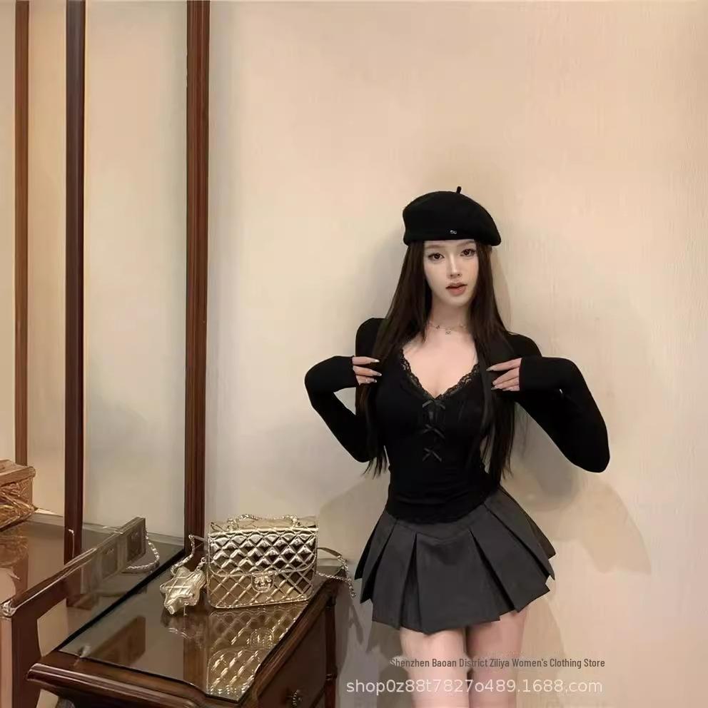 Cămașă de damă de primăvară, cu croială slim, cu fundă din dantelă, decolteu în V, mâneci lungi, din bumbac modal (260g)