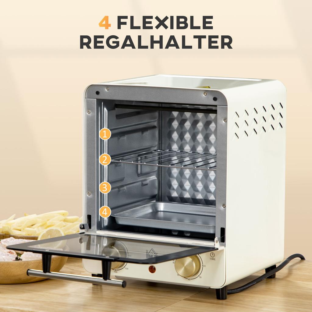Mini Oven 15L Capacity, Height-Adjustable Baking Tray and Wire Rack, 1000W, Cream White