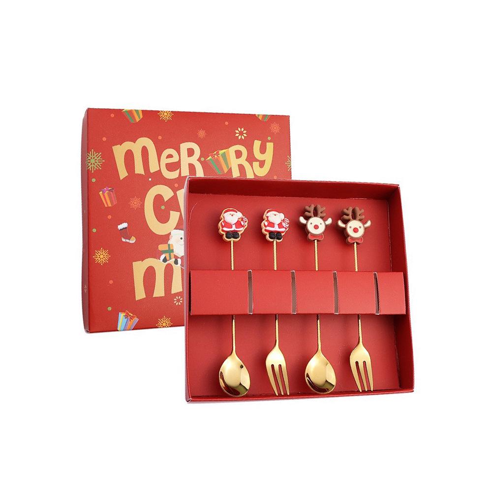 J Cross-border 430 Stainless Steel Christmas Dessert Spoon & Fork Set – Includes Ice Cream & Cake Utensils with Festive Elements