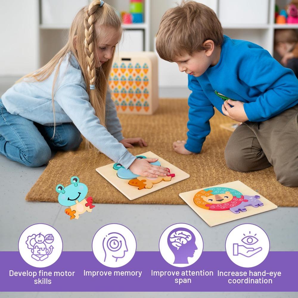 3D Children Wooden Puzzle Embedded Cartoon Animal Jigsaw Puzzles 2 In 1 Animal Cognition Early Learning Puzzle Set