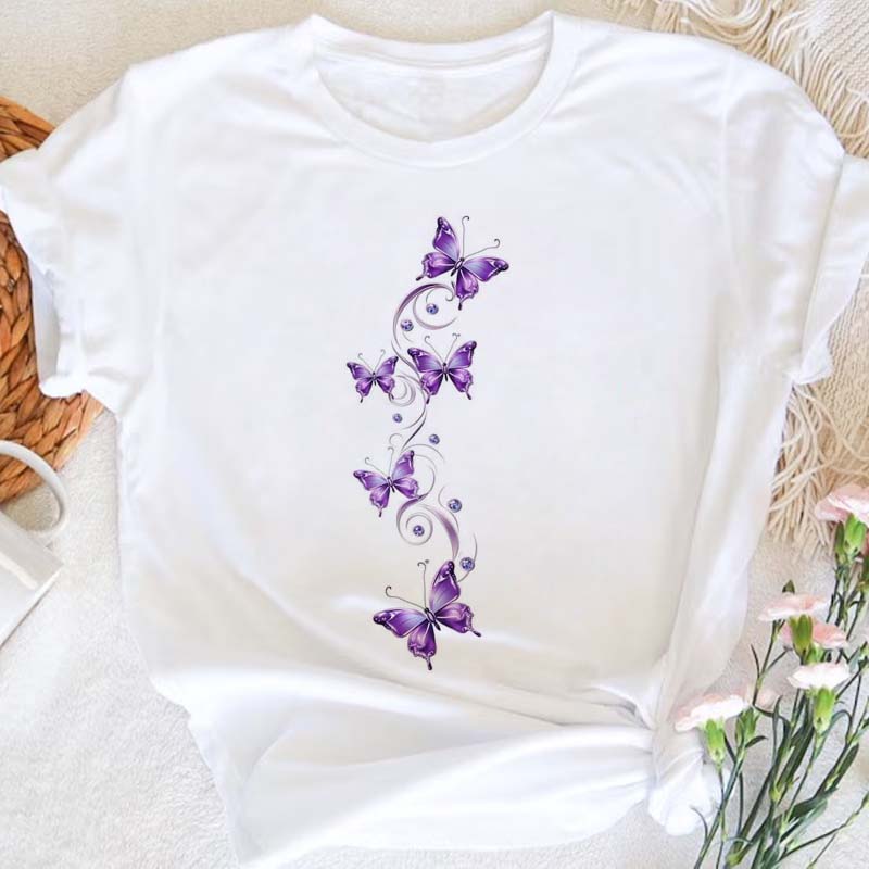 2026 Lady Women Purple Floral Butterfly Printed Women T Shirt Newest White T Shirt Harajuku Casual Cute Graphic Tee Shirt Female