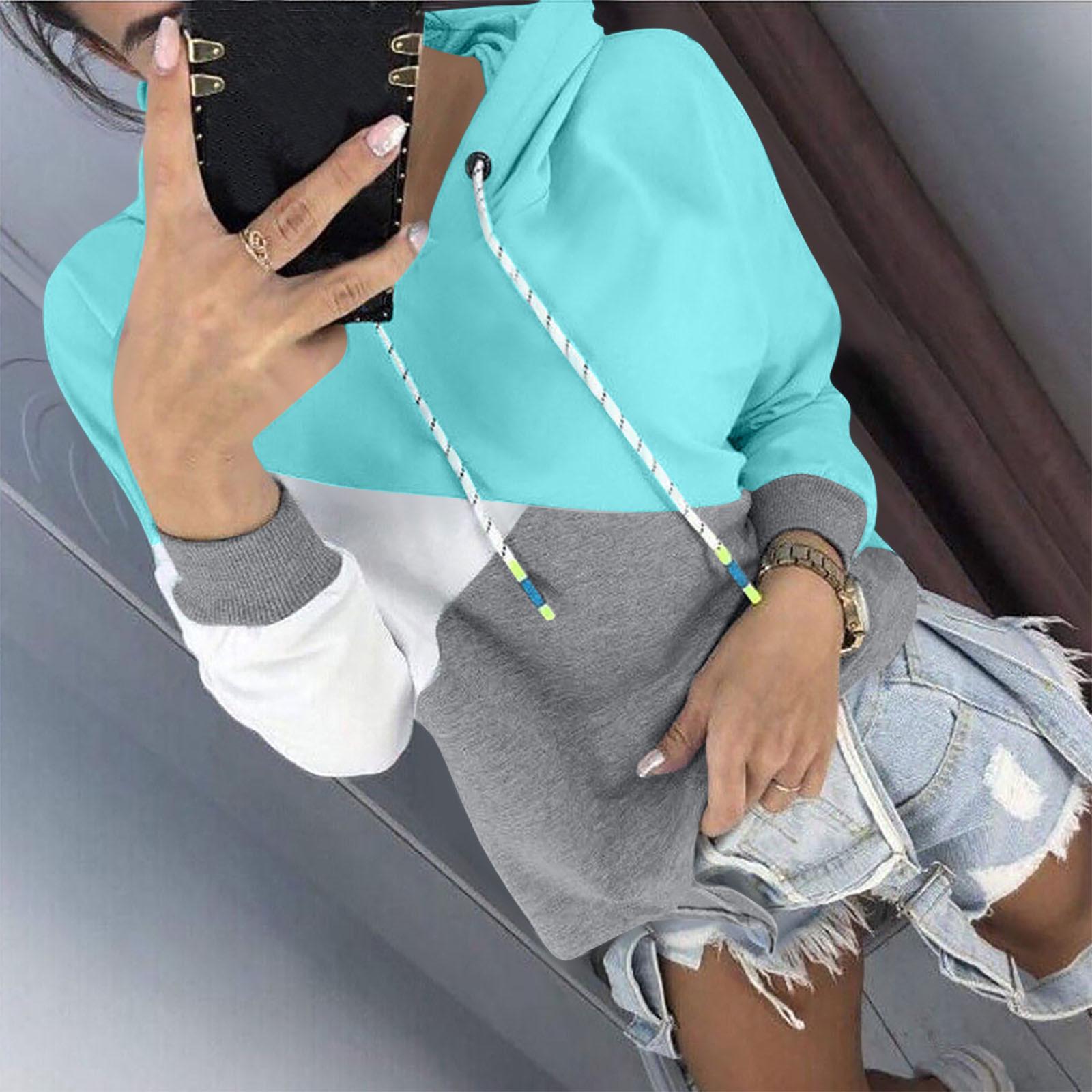 

Женская толстовка с капюшоном, с длинными рукавами, пэчворк, пуловер, топы, блузка L синий