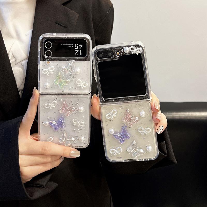 For Samsung Zflip6 Flip Folding Screen Zfold5 Pearl Butterfly W24flip Glitter Fans Ins Style Phone Case