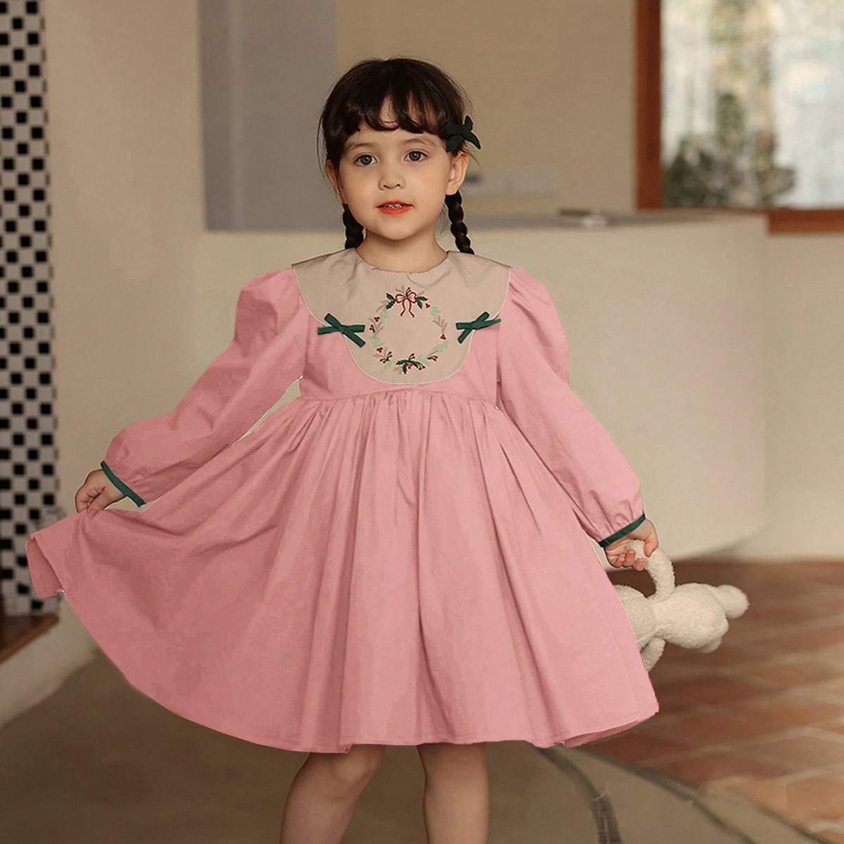 

Винтажное детское платье Лолиты для девочек, детское весенне-осеннее хлопковое красное платье с вышивкой для детей от 2 до 7 лет, детская одежда 6-7Y розовый