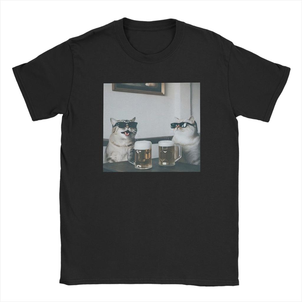 Funny Cool Cat Drinking Beer T Shirt Men Pure Cotton Hipster T-Shirt Round Collar Tees Short Sleeve Clothes Plus Size