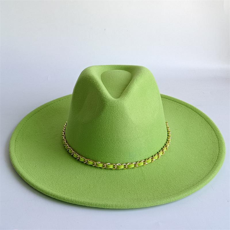 Yellow Fashion Fedora Hat With Colorful Chain 9.5Cm Wide Brim Hat For Women Winter Men'S Hat Cowboy Felt Hat Sombreros