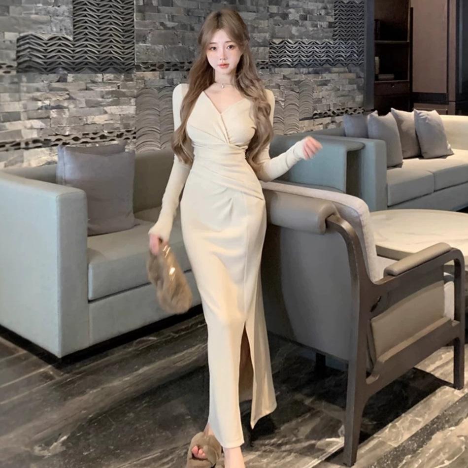 Sexy solid color cross v-neck long-sleeved dress temperament women's autumn and winter slim-fitting tight waist-wrapped hip-wrapped split-ended long d