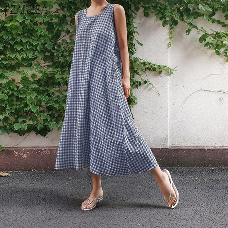 ZANZEA Women Square Collar Summer Loose Casual Sleeveless Plaid Print Dress