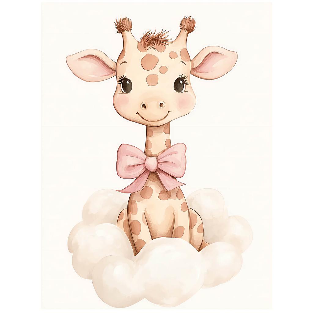 Plakat Mała Żyrafa Na Chmurce Plakat Mała Żyrafa Na Chmurce, 30X40 Cm, Rama Drewniana Jasny Dąb, Papier Matowy 230 Gsm