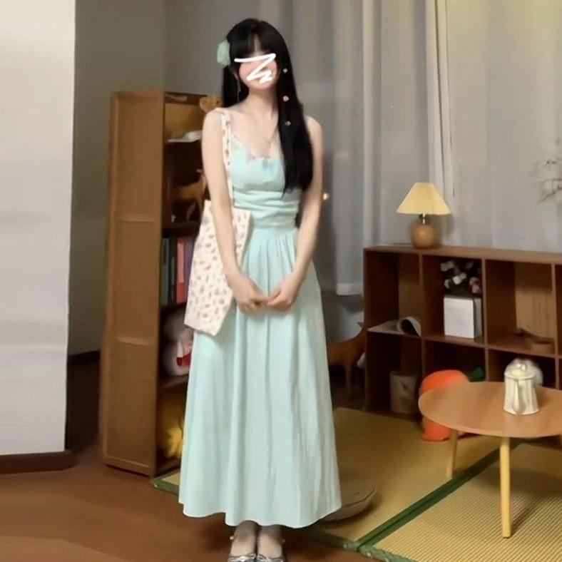 French Green Suspender Dress Children's Summer 2026 New Small Temperament Waist Seaside Vacation Dress