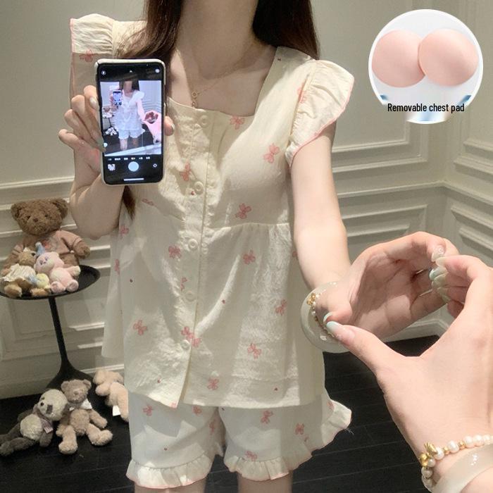 

2026 Summer Woven Cotton Puff Sleeve Pajama Set with Chest Pads for Women XL