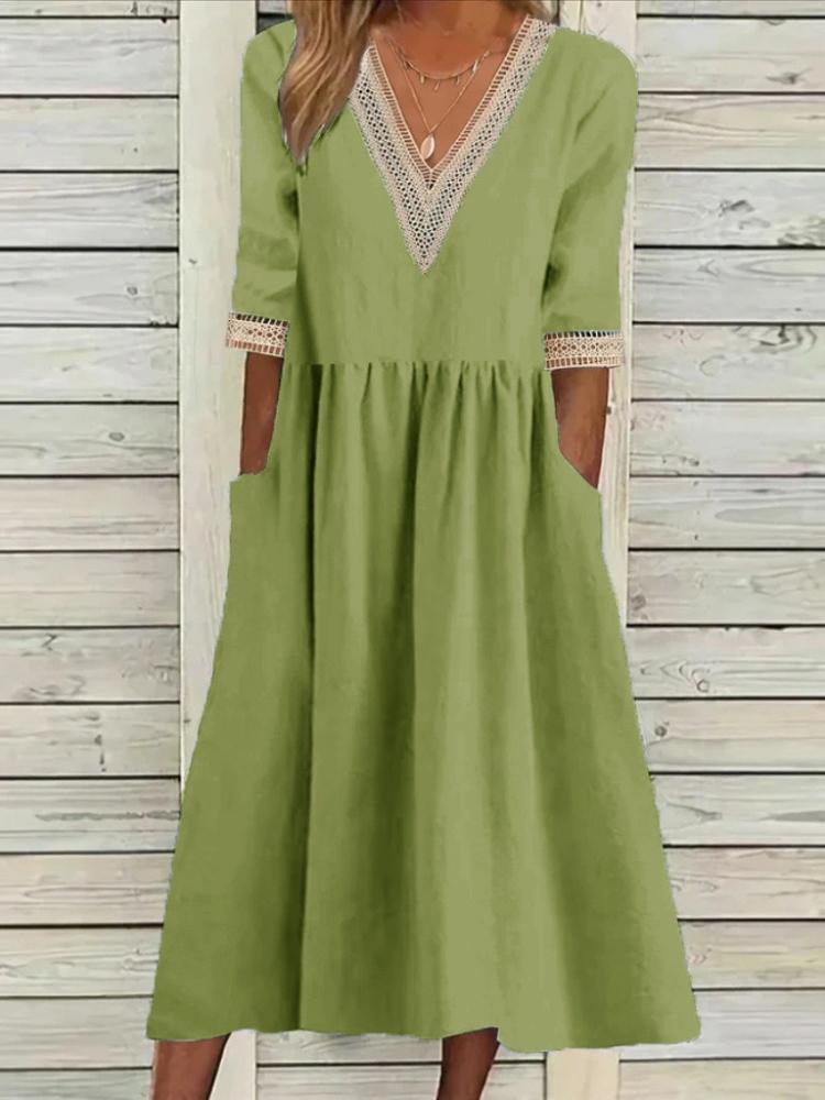 Kleid, Lockeres Baumwoll-Leinen-Rundhals-Fünf-Knopf-Mittelkleid