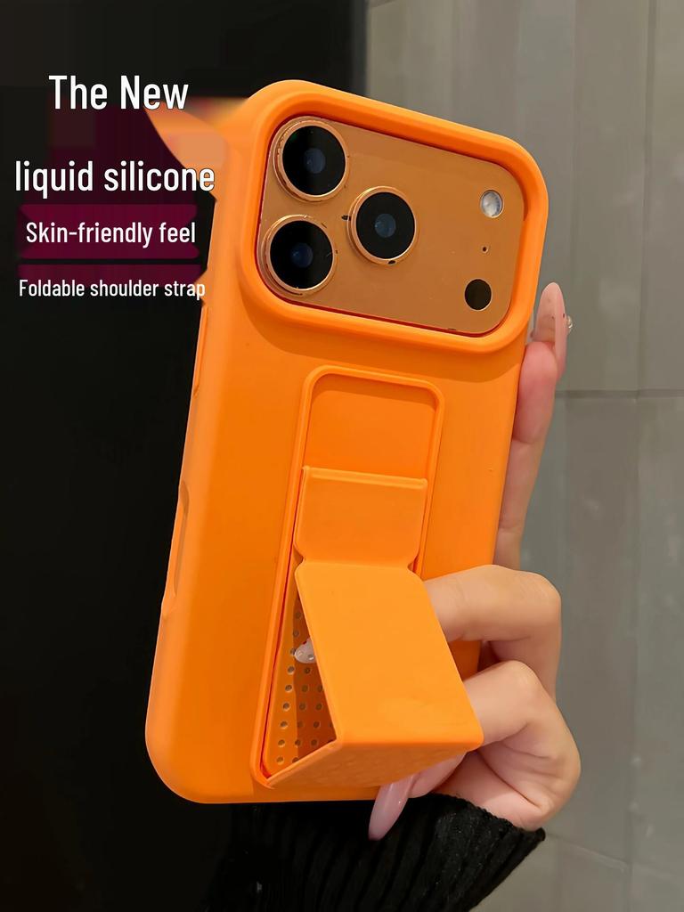 Compatible Silicone Case with Folding Stand and Back Strap for iPhone 16/17 Pro Max
